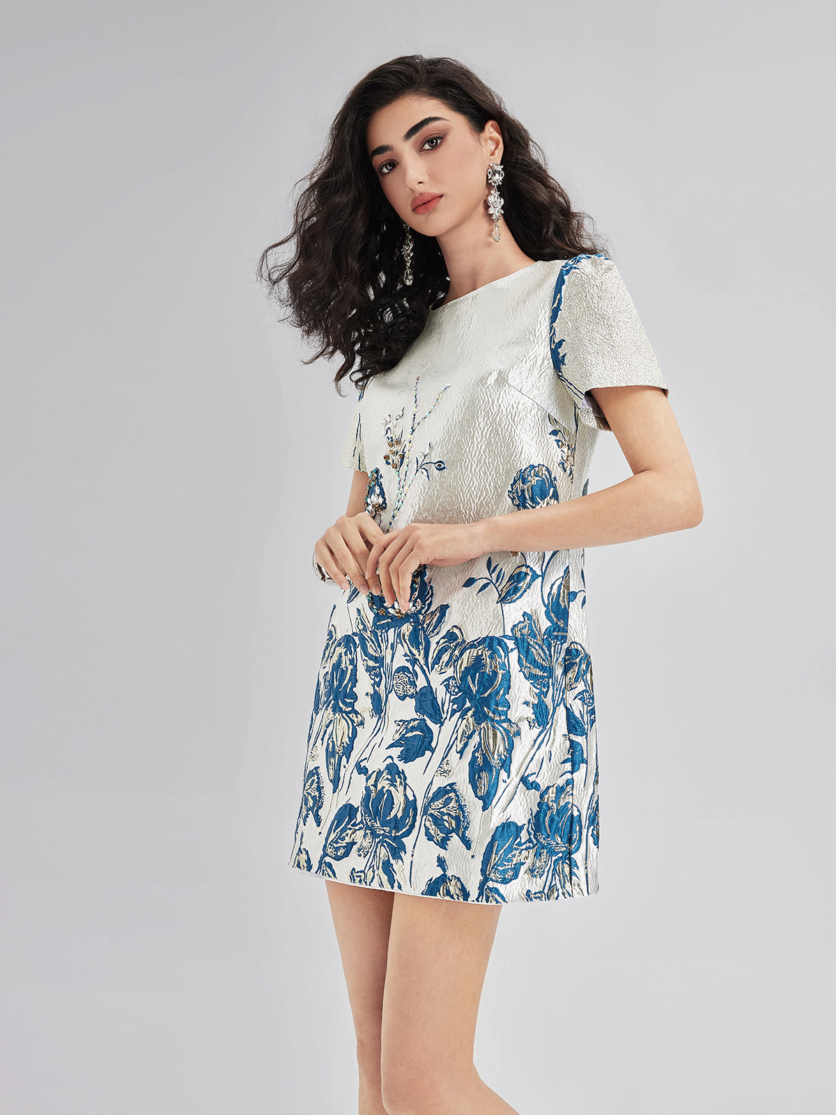 Blue Jacquard Short Sleeve Dress