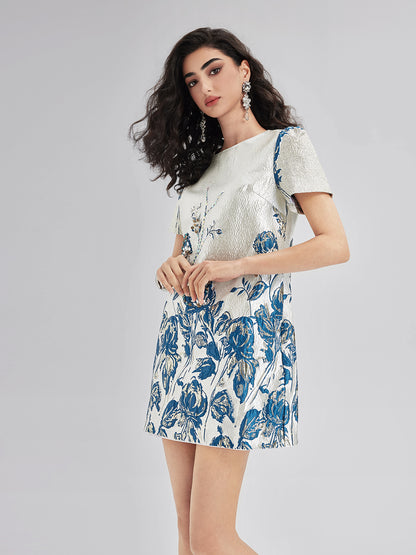 Blue Jacquard Short Sleeve Dress