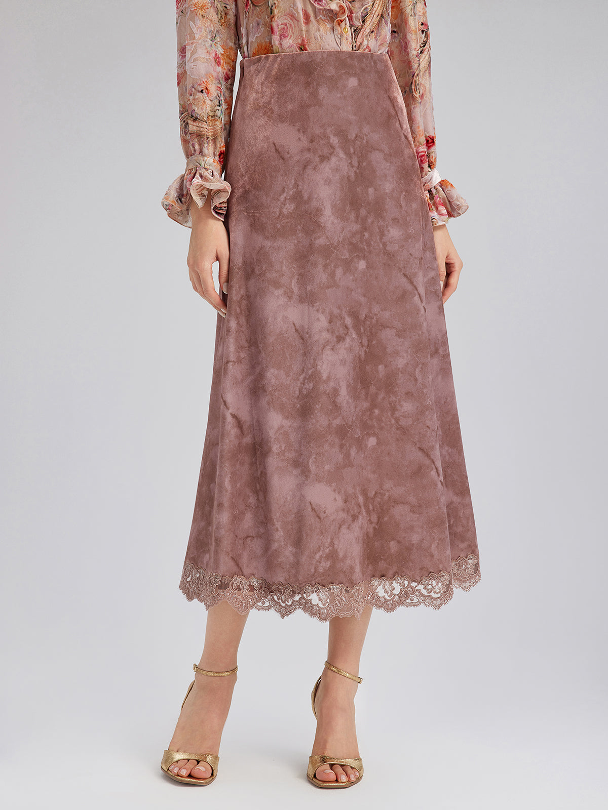 Chestnut Velvet Lace-Trim Fishtail Skirt
