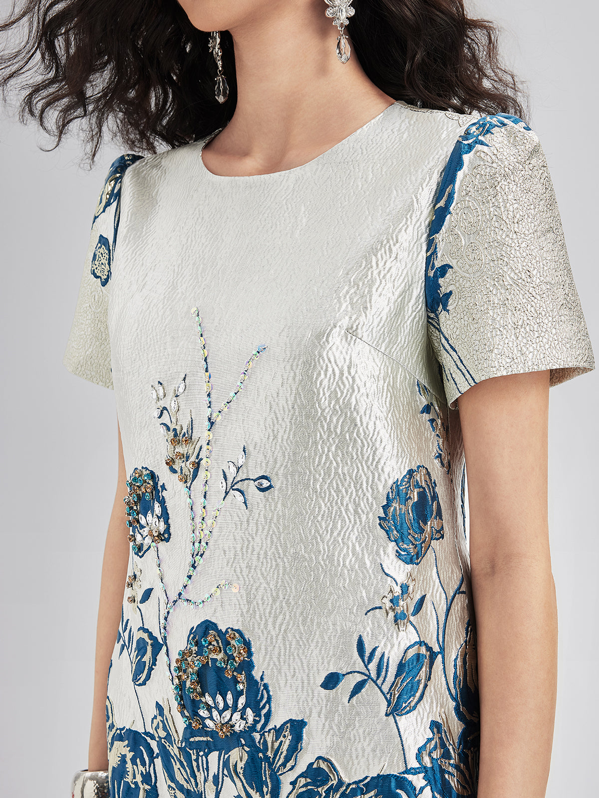 Blue Jacquard Short Sleeve Dress