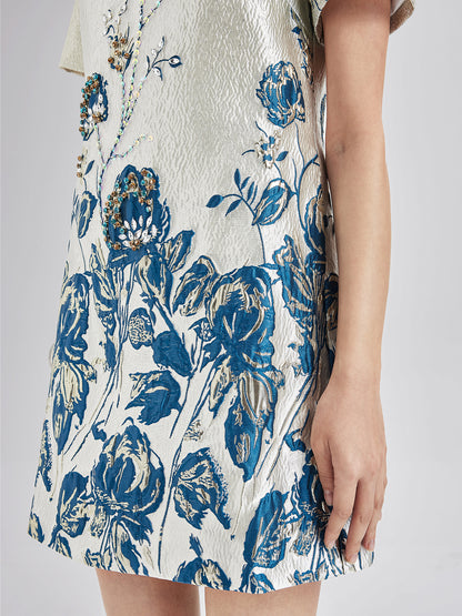 Blue Jacquard Short Sleeve Dress