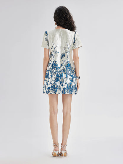 Blue Jacquard Short Sleeve Dress