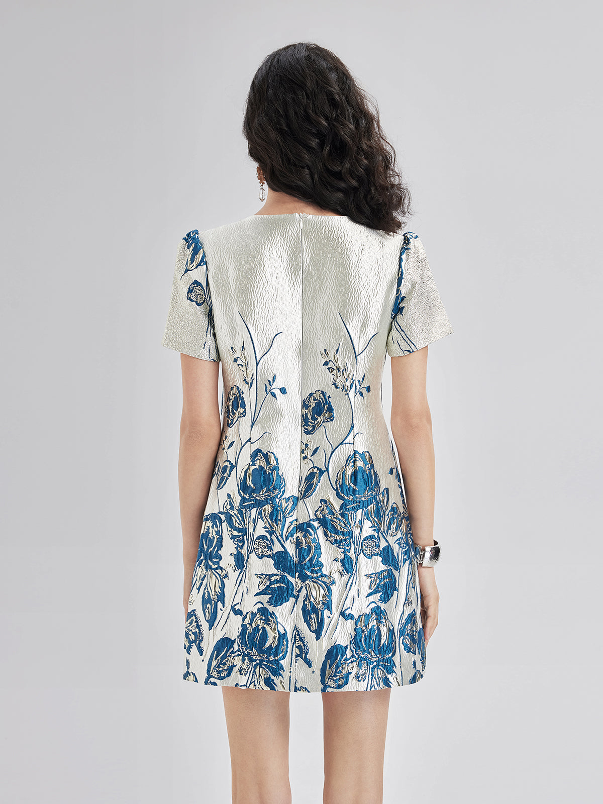 Blue Jacquard Short Sleeve Dress