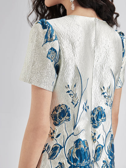 Blue Jacquard Short Sleeve Dress