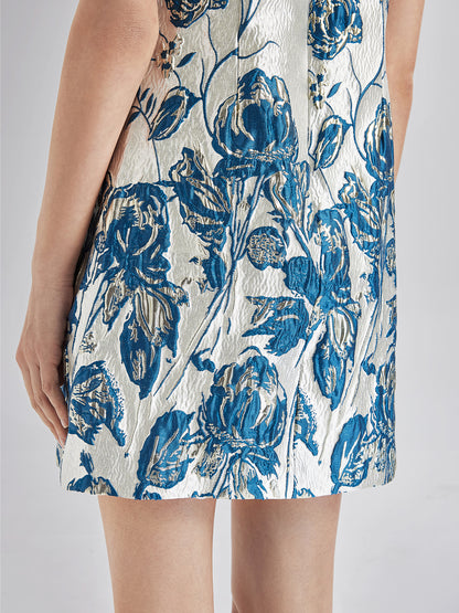 Blue Jacquard Short Sleeve Dress