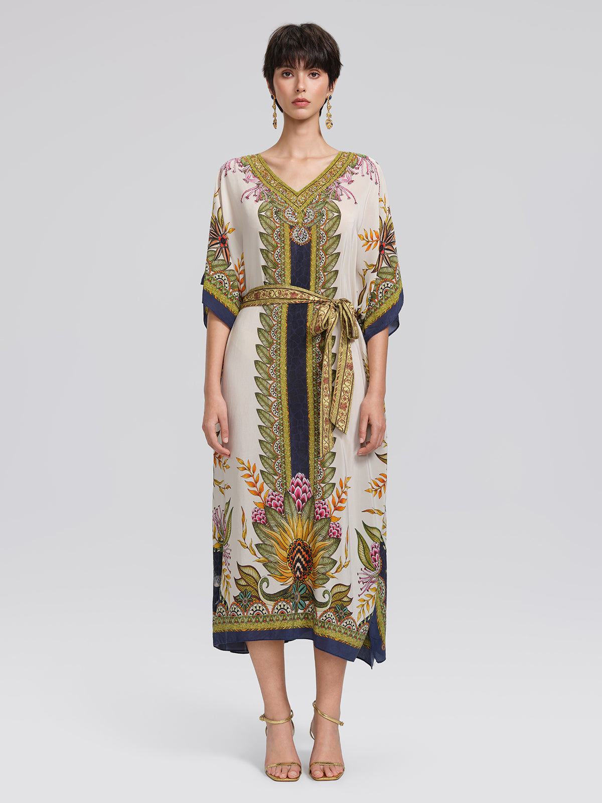 Silk Ethnic Totem Print Batwing Robe Dress