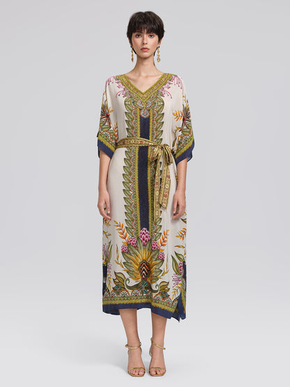 Silk Ethnic Totem Print Batwing Robe Dress