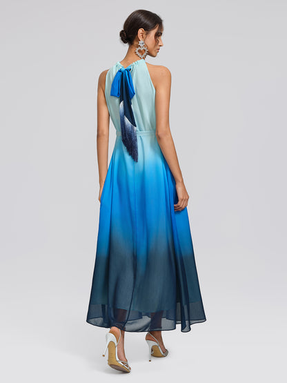 Pleated-Neck Tie-Detail Gradient Maxi Dress (Wasit Tie Included)