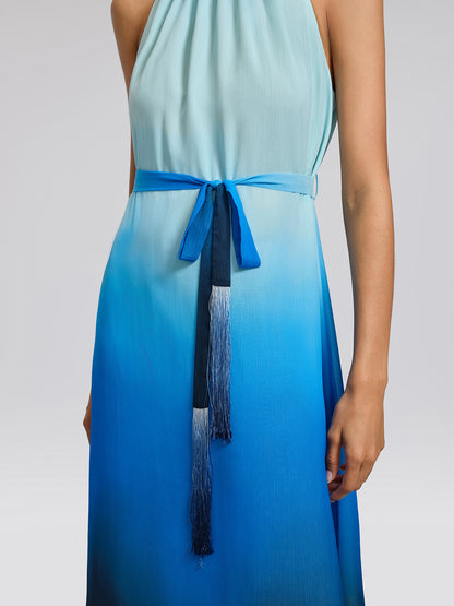 Pleated-Neck Tie-Detail Gradient Maxi Dress (Wasit Tie Included)
