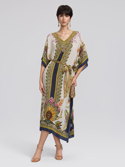 Silk Ethnic Totem Print Batwing Robe Dress