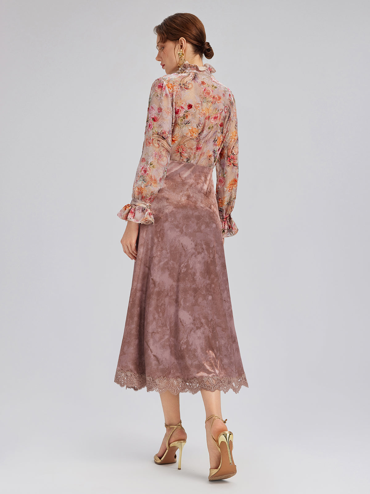 Chestnut Velvet Lace-Trim Fishtail Skirt