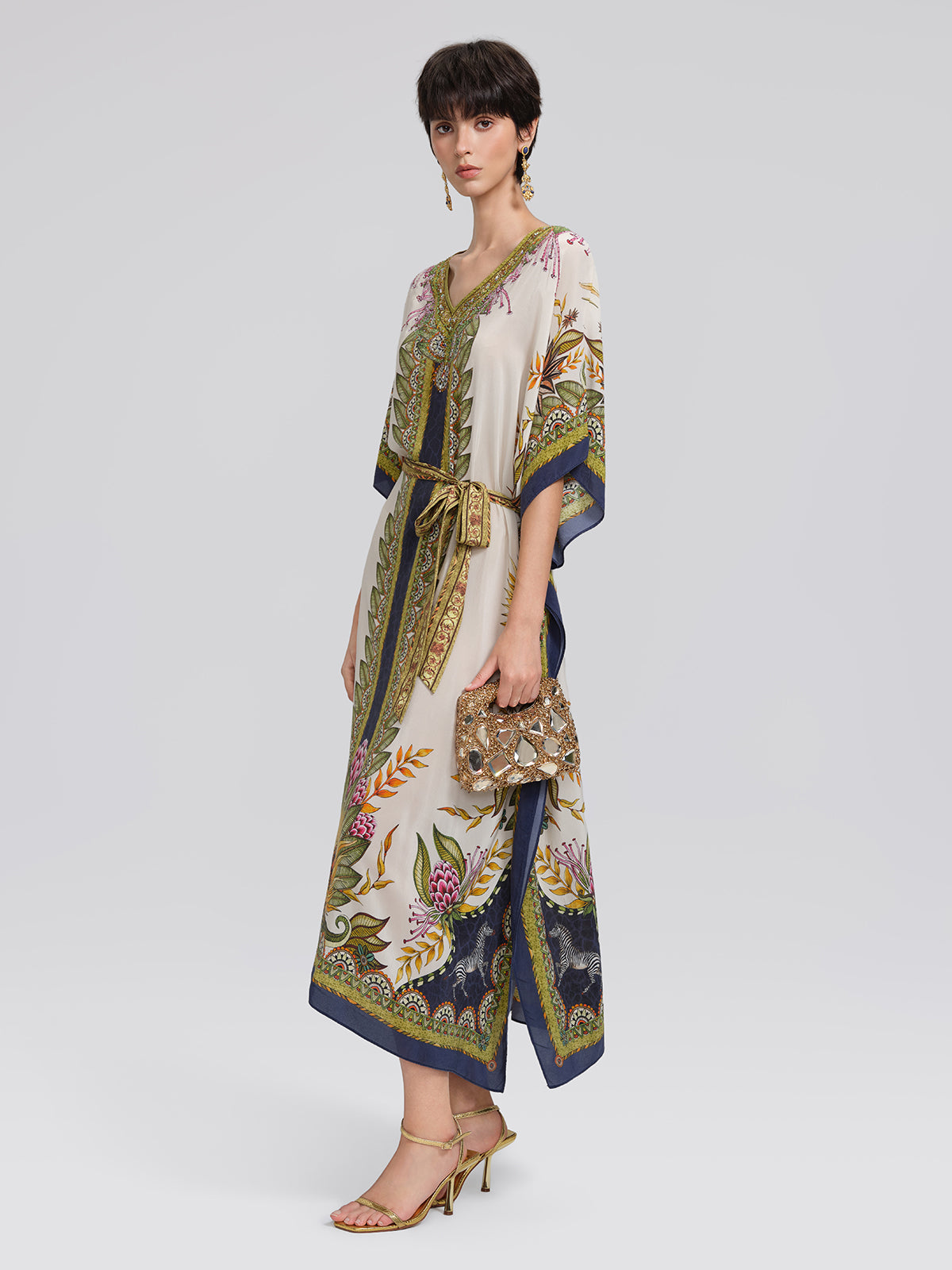 Silk Ethnic Totem Print Batwing Robe Dress