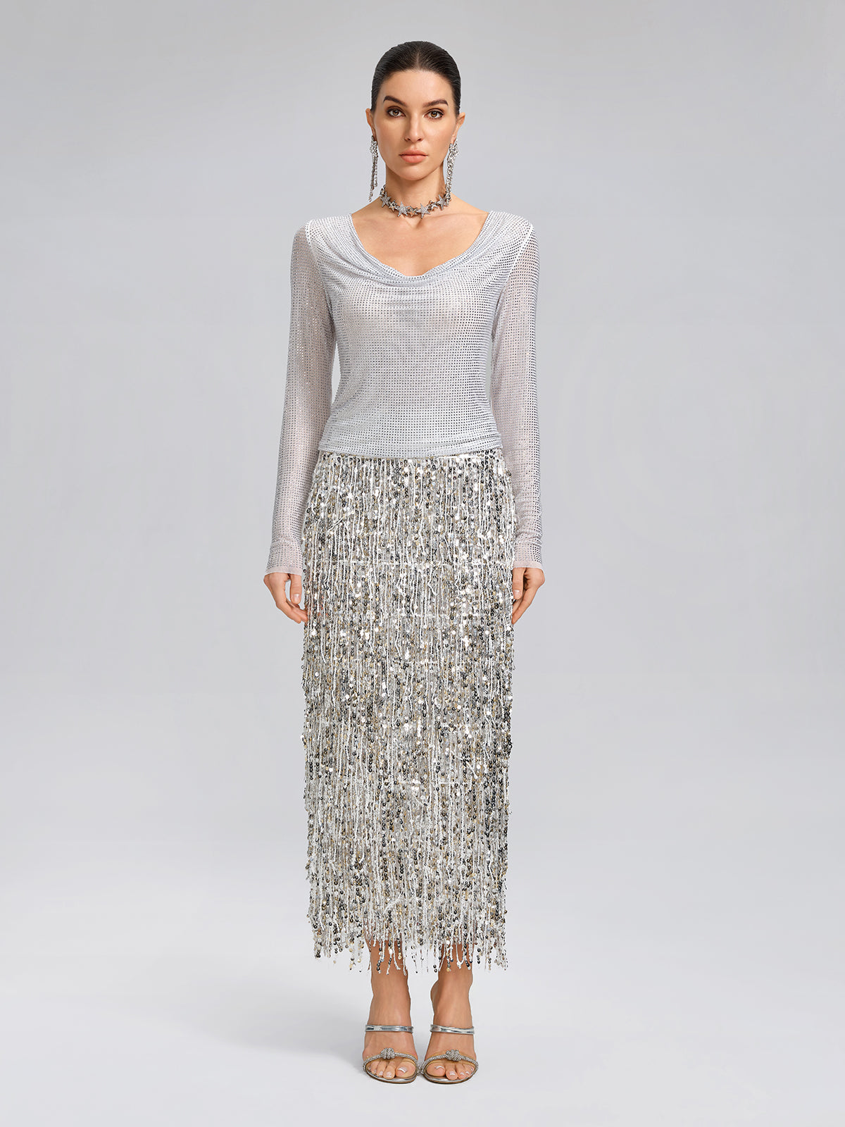 Rhinestone Draped-Neck Stretch Top