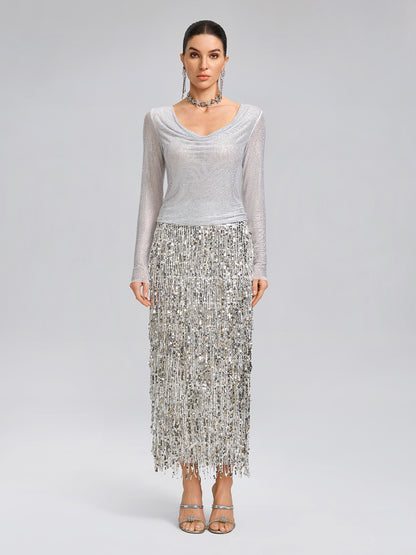 Rhinestone Draped-Neck Stretch Top