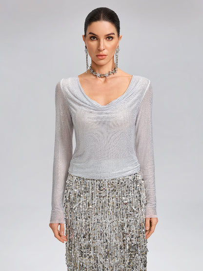 Rhinestone Draped-Neck Stretch Top