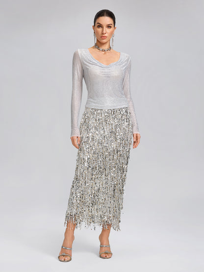 Rhinestone Draped-Neck Stretch Top