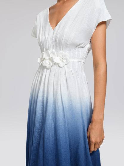 Linen Tie-Dye Resort Maxi Dress (3D Floral Waist Rope Included)