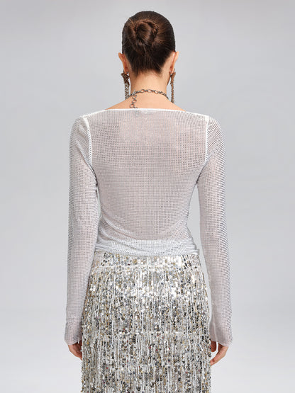 Rhinestone Draped-Neck Stretch Top