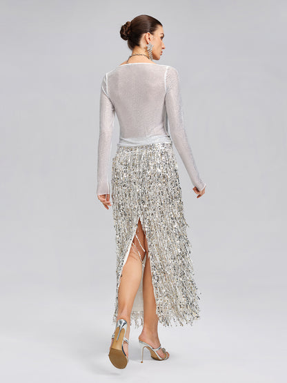 Rhinestone Draped-Neck Stretch Top