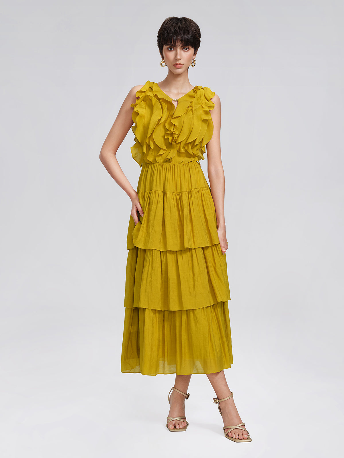 Beaded Layered Ruffle Maxi Dress