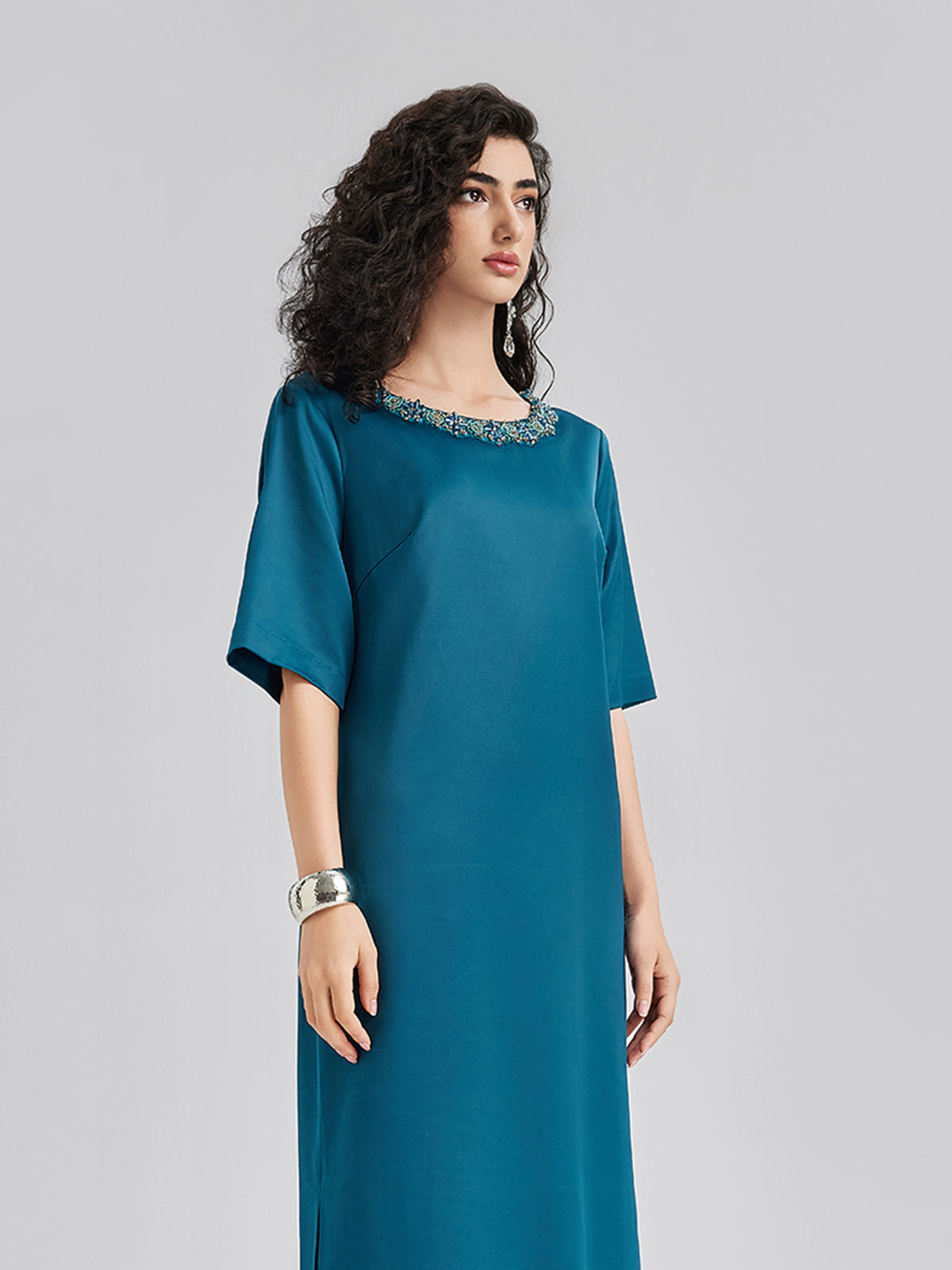 Intricate Crystal-Embellished Elegant Satin Dress