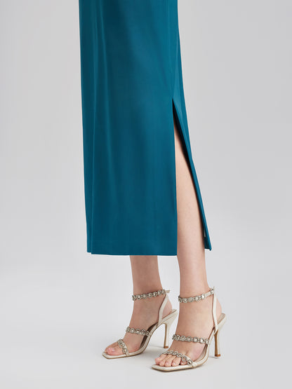 Intricate Crystal-Embellished Elegant Satin Dress