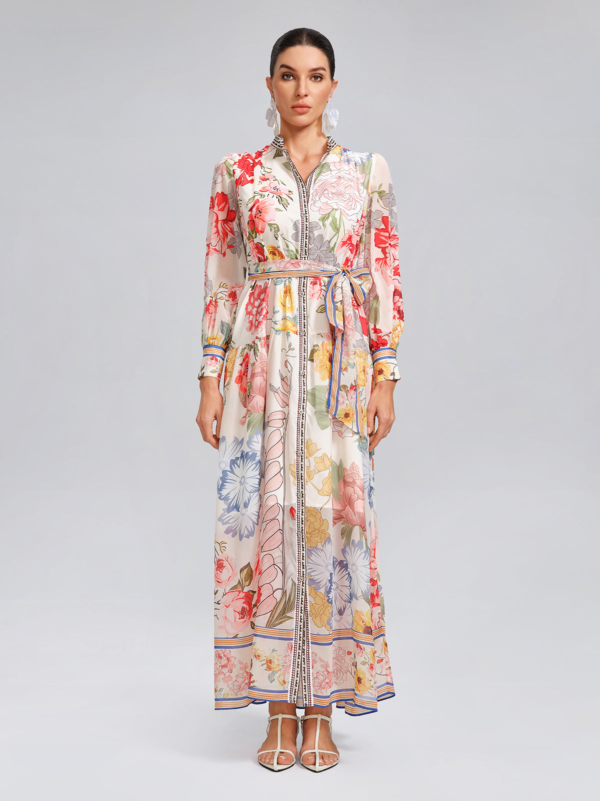 Floral Printed Adjustable-Cuffs Shirt Dress (Waist Tie Included)