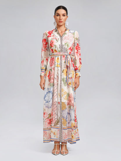 Floral Printed Adjustable-Cuffs Shirt Dress (Waist Tie Included)