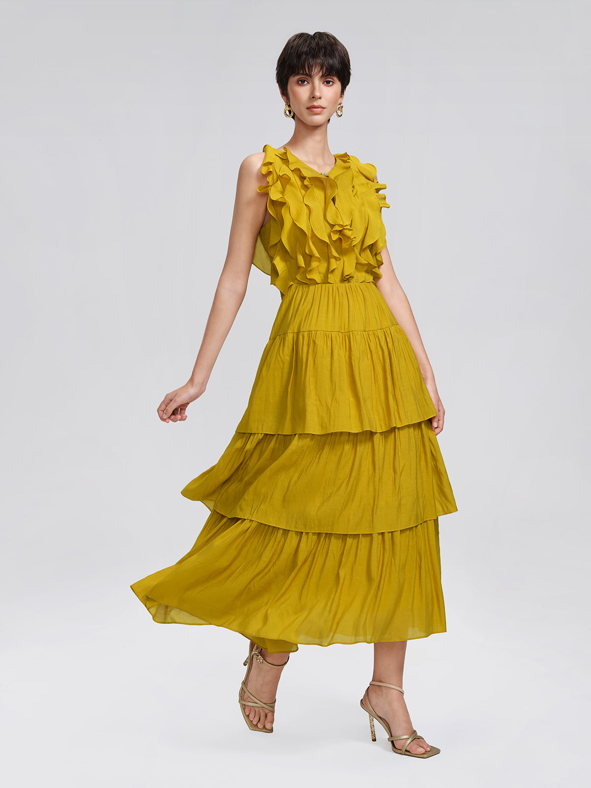 Beaded Layered Ruffle Maxi Dress