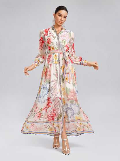 Floral Printed Adjustable-Cuffs Shirt Dress (Waist Tie Included)