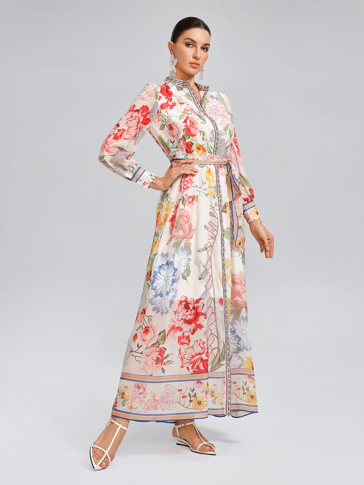 Floral Printed Adjustable-Cuffs Shirt Dress (Waist Tie Included)