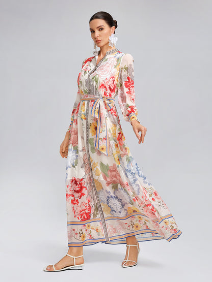 Floral Printed Adjustable-Cuffs Shirt Dress (Waist Tie Included)