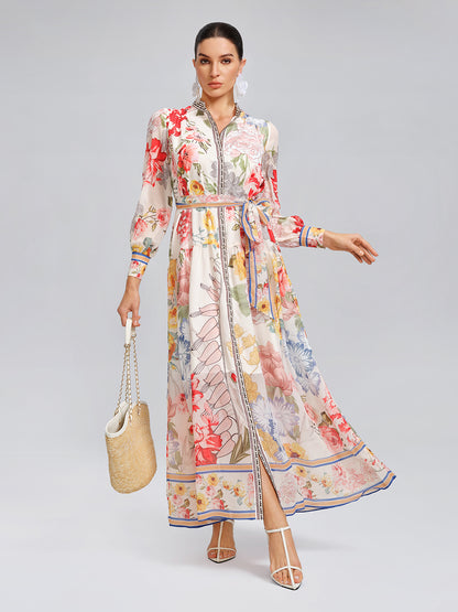 Floral Printed Adjustable-Cuffs Shirt Dress (Waist Tie Included)