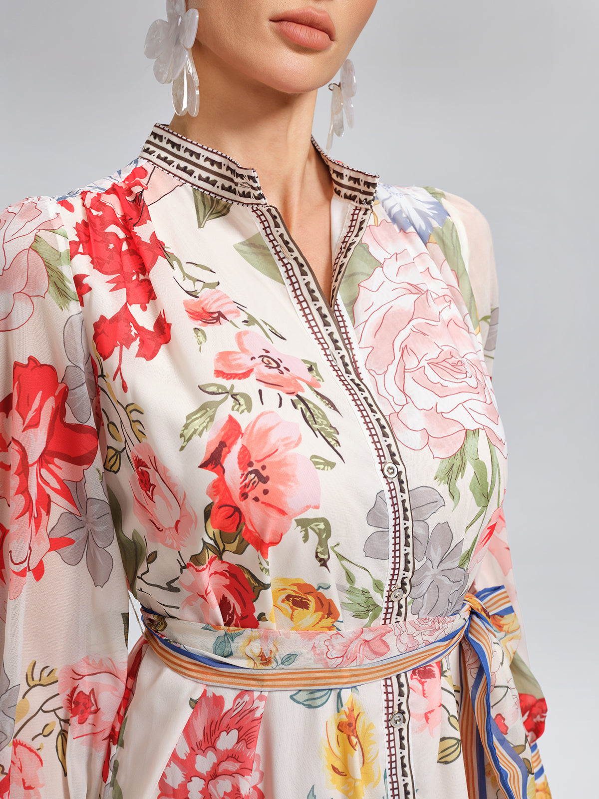 Floral Printed Adjustable-Cuffs Shirt Dress (Waist Tie Included)