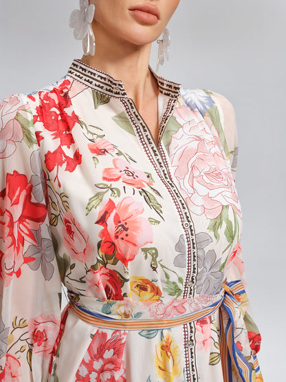 Floral Printed Adjustable-Cuffs Shirt Dress (Waist Tie Included)