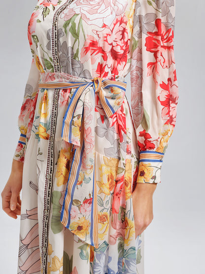 Floral Printed Adjustable-Cuffs Shirt Dress (Waist Tie Included)