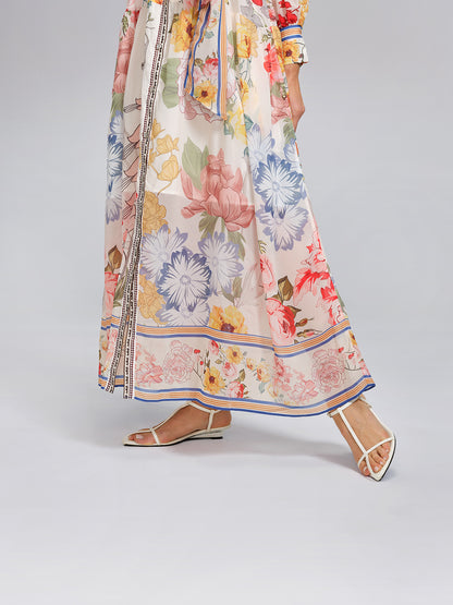 Floral Printed Adjustable-Cuffs Shirt Dress (Waist Tie Included)