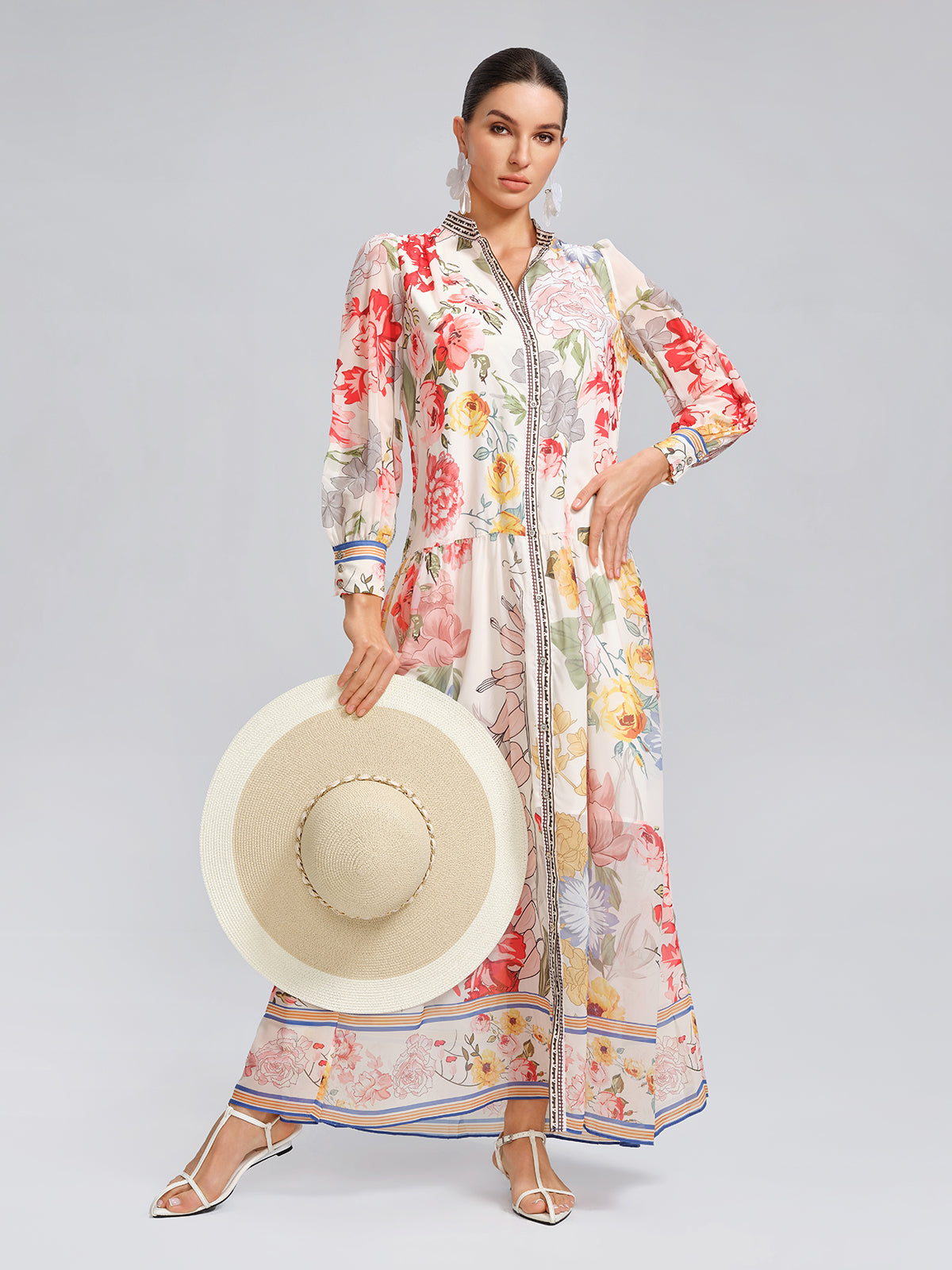 Floral Printed Adjustable-Cuffs Shirt Dress (Waist Tie Included)