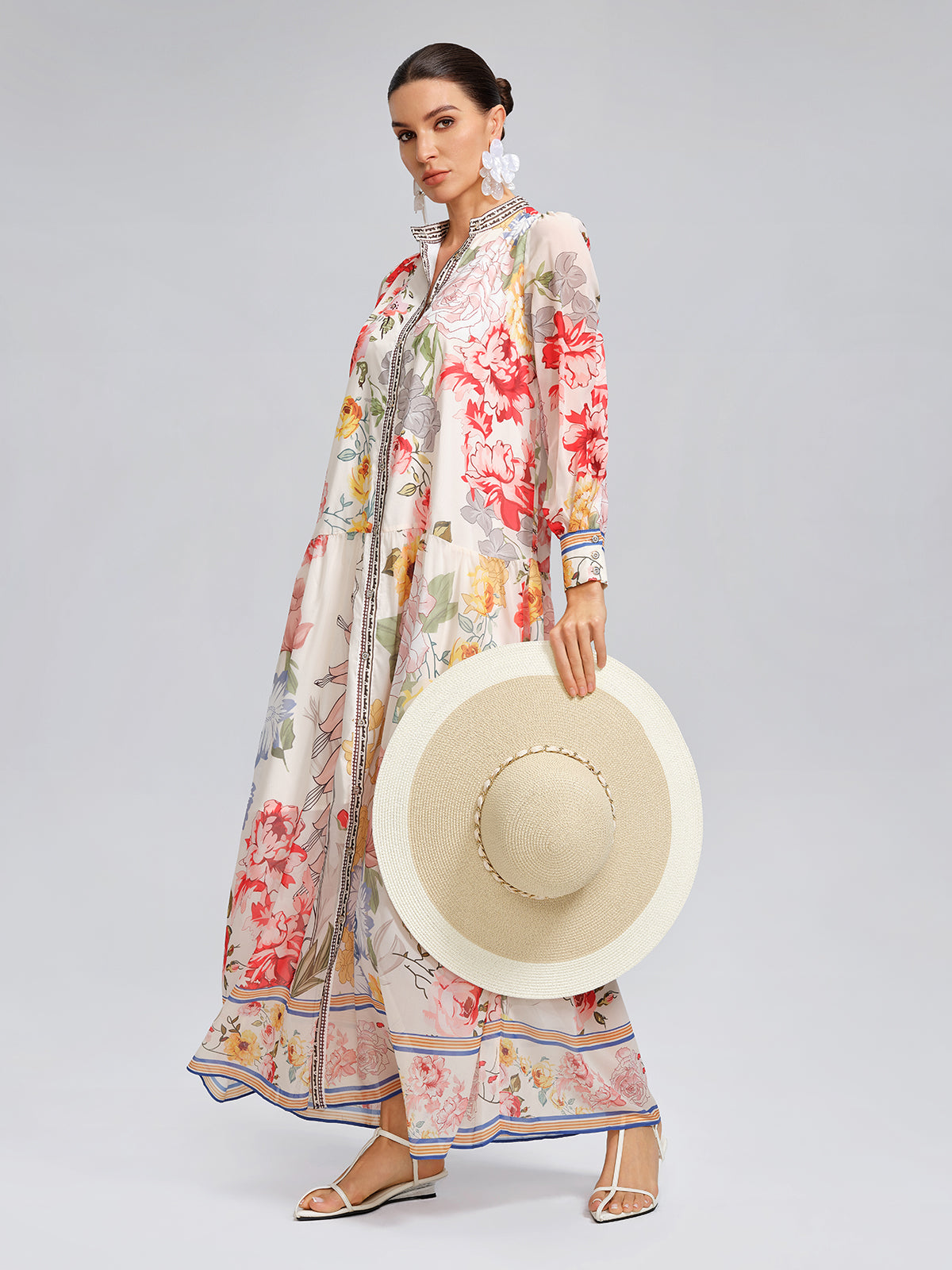 Floral Printed Adjustable-Cuffs Shirt Dress (Waist Tie Included)