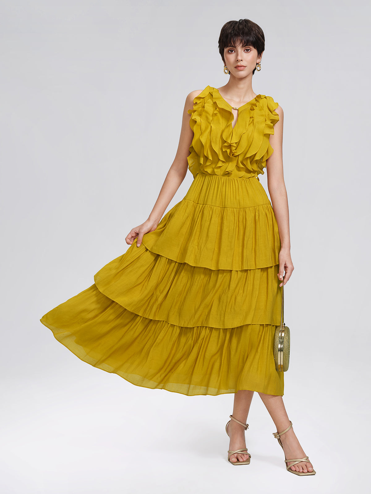 Beaded Layered Ruffle Maxi Dress