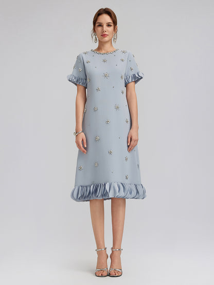 Hand-Sewn Beaded Floral-Trim Dress