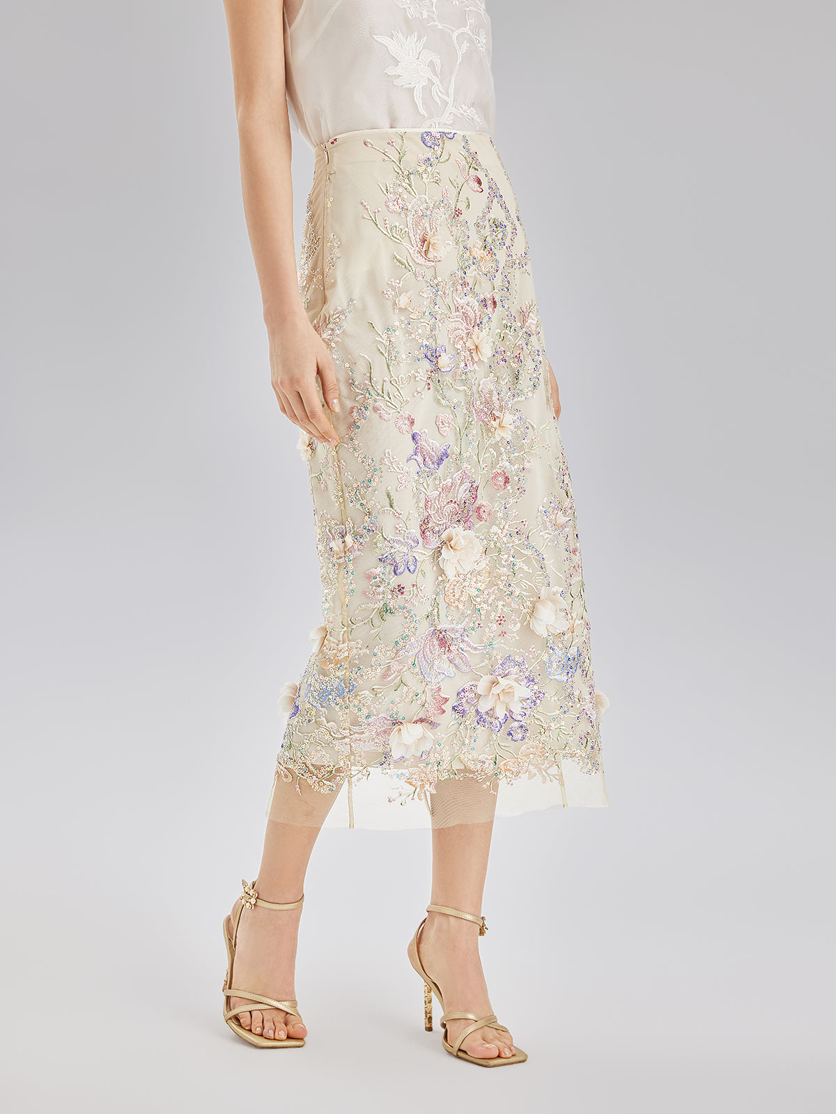 Handcrafted 3D Floral Beaded Embroidered Skirt