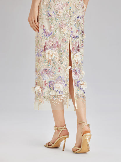 Handcrafted 3D Floral Beaded Embroidered Skirt