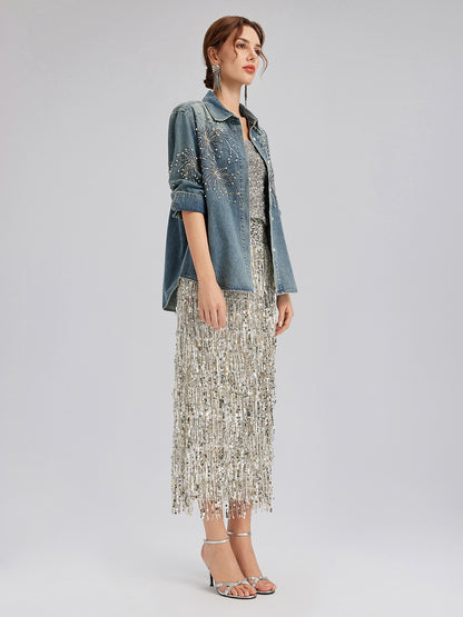 Hand-Beaded Embroidered Denim Shirt