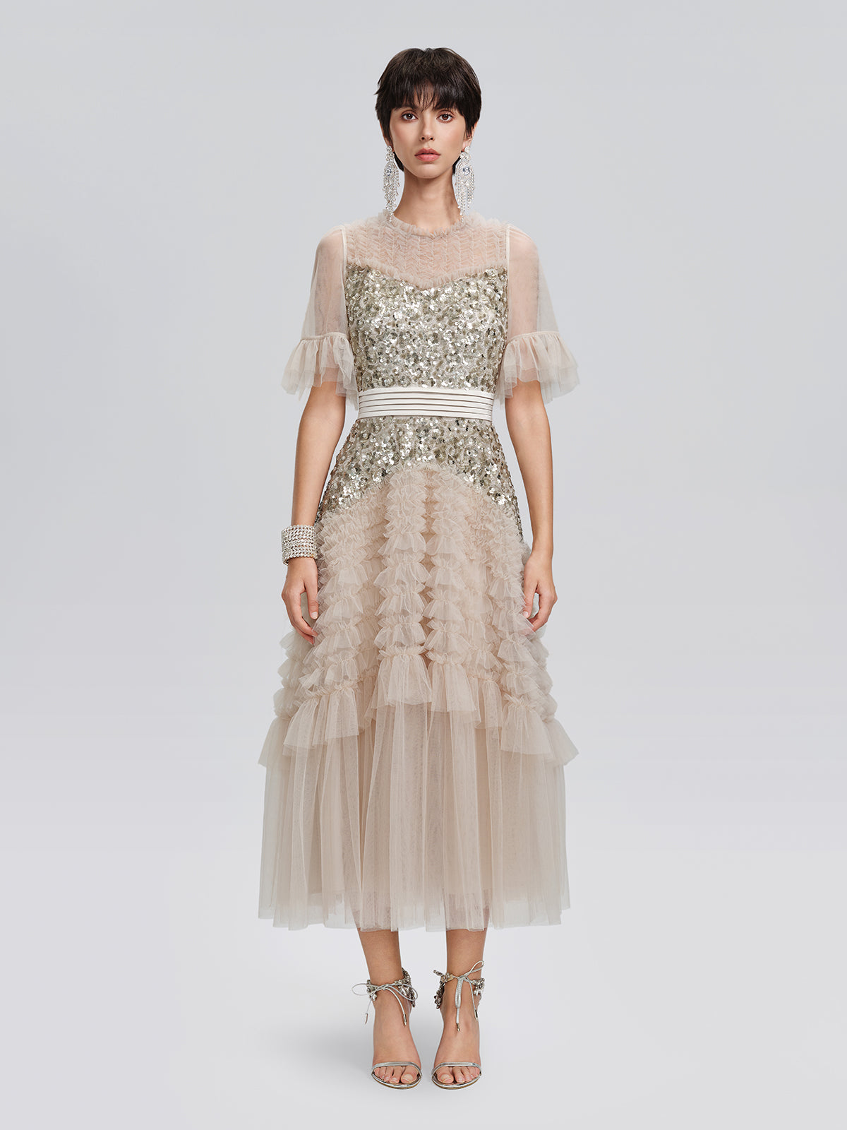 Pleated Sequin Flared-Sleeve Maxi Dress
