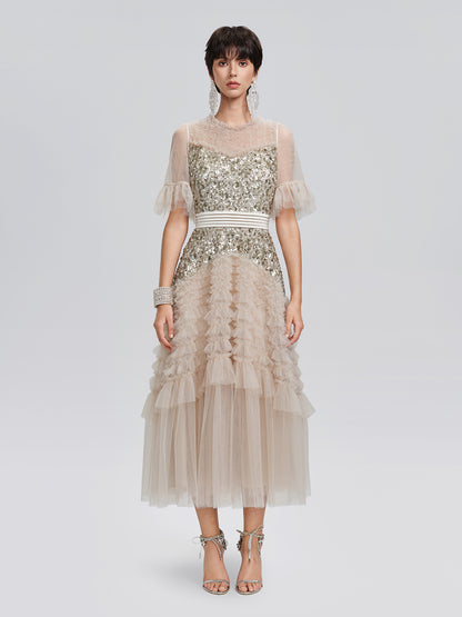 Pleated Sequin Flared-Sleeve Maxi Dress