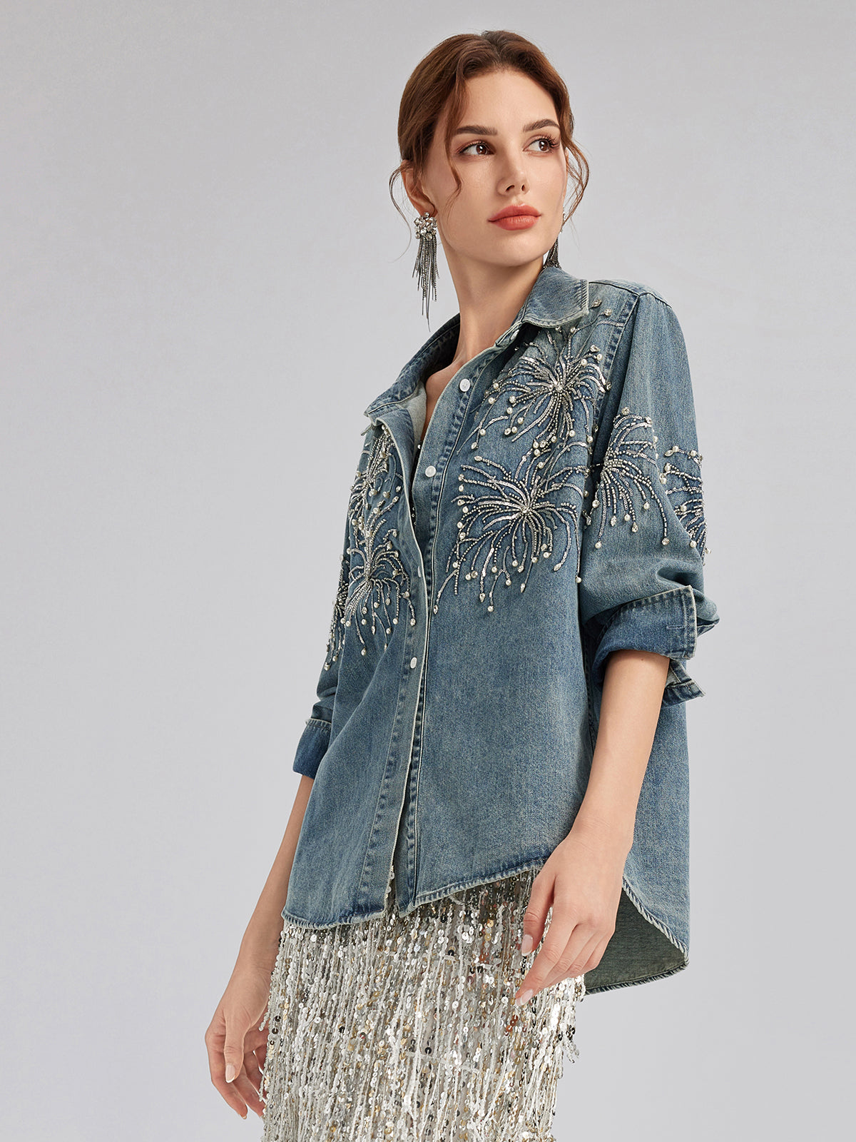 Hand-Beaded Embroidered Denim Shirt
