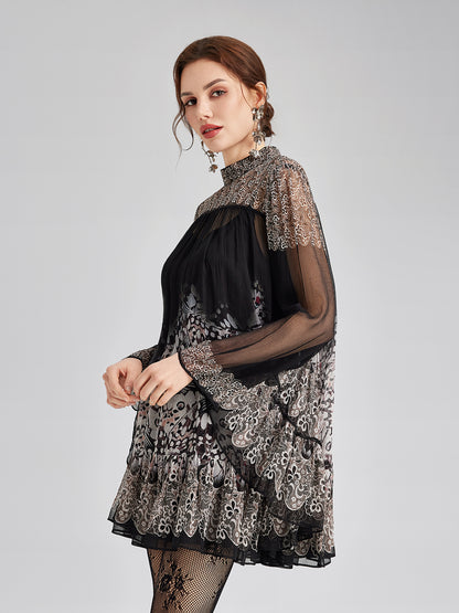 Silk Rhinestone-Embellished Baroque Print Dress