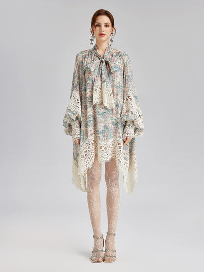 Linen Paisley Print Lace Dress