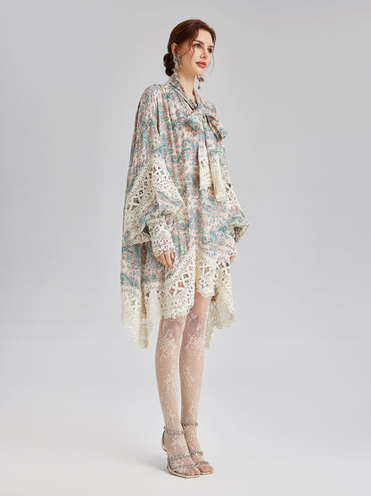Linen Paisley Print Lace Dress